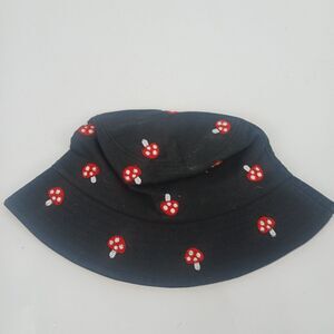 Black Bucket Hat with Red Embroidered Floral Rose Pattern Unisex Casual Summer